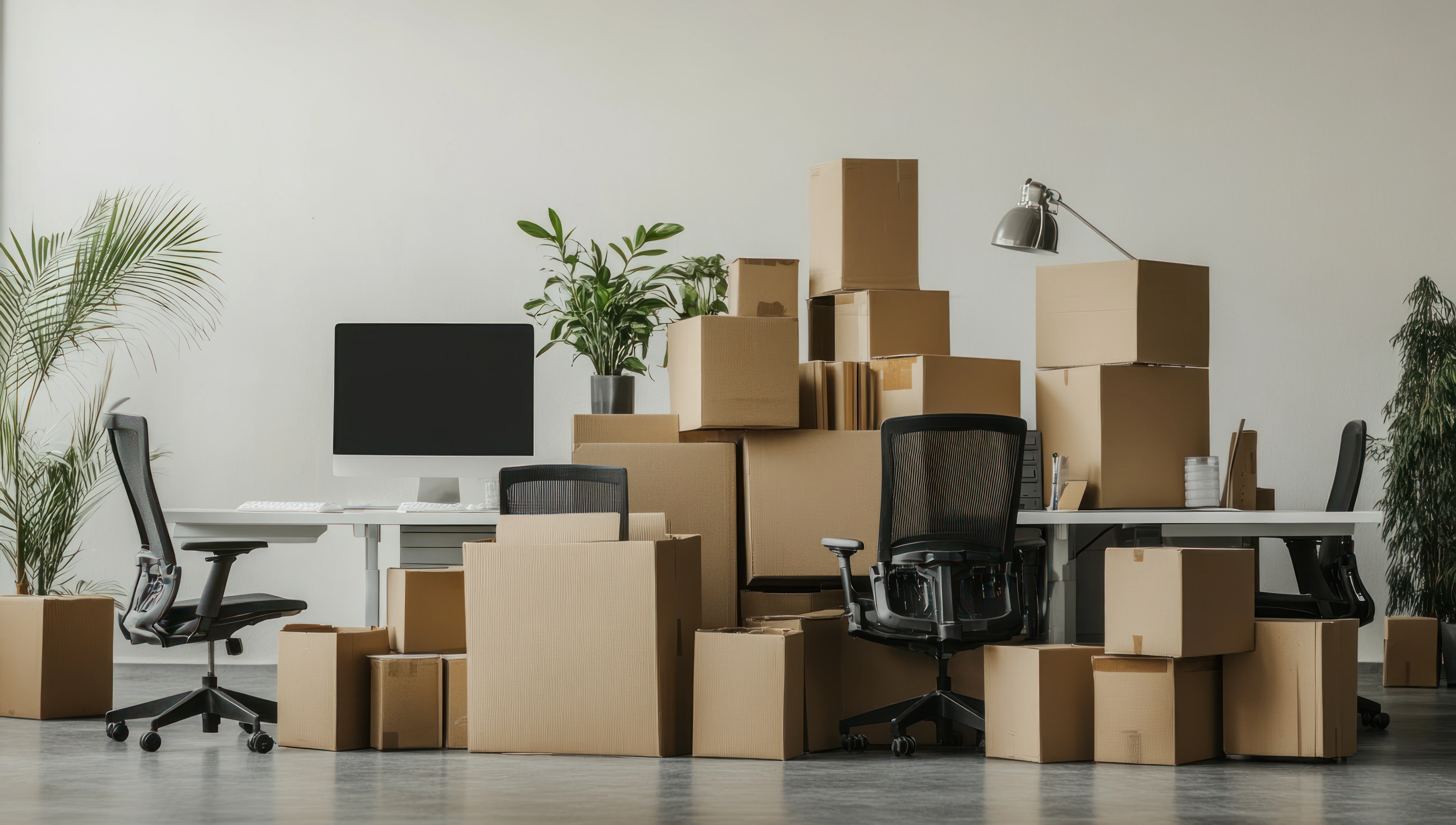 An office space filled with stacked cardboard boxes, a computer desk, and office chairs, alongside green plants.