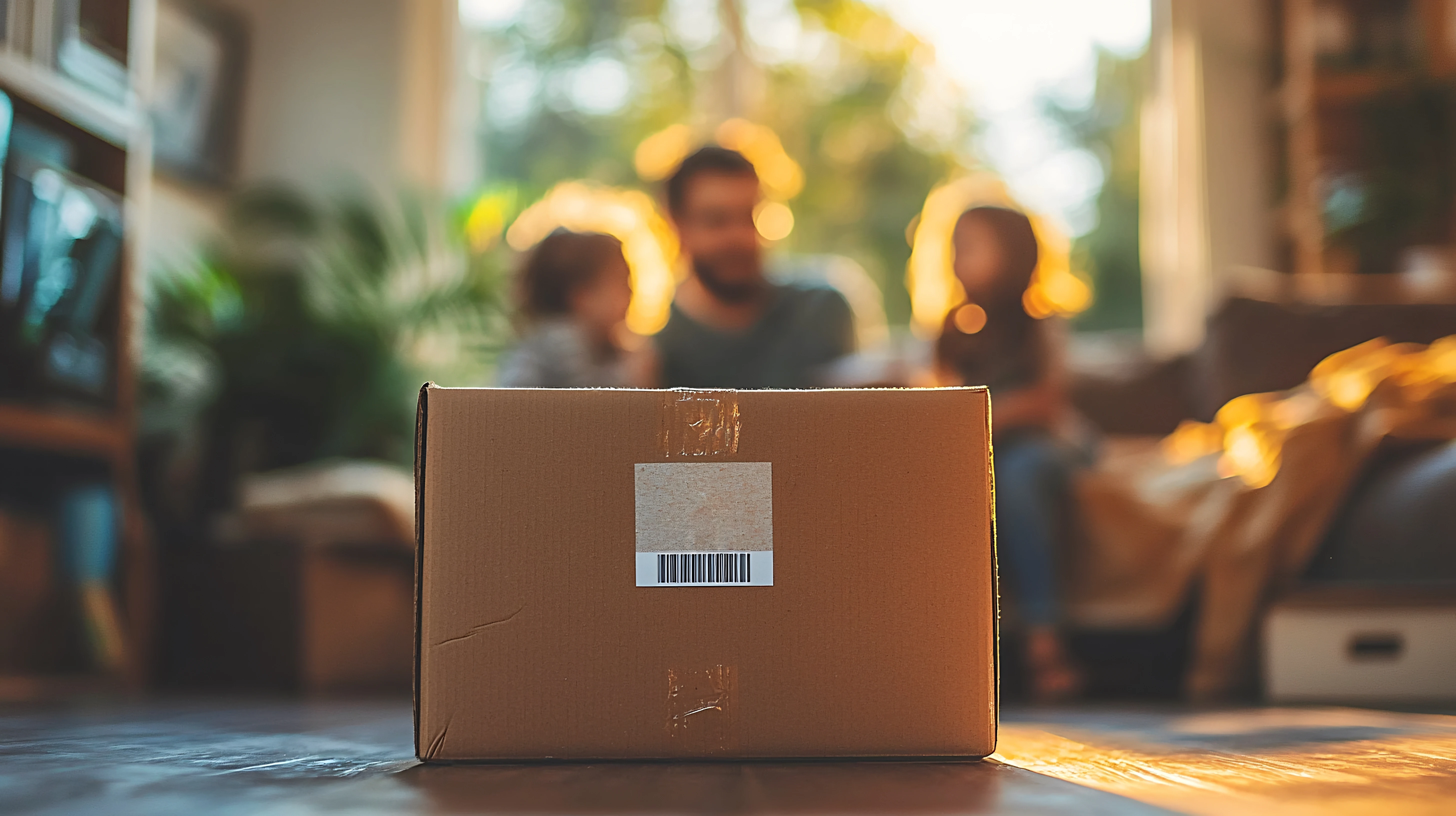 A cardboard box sits in the foreground, with a blurred family scene in the background, bathed in warm light.