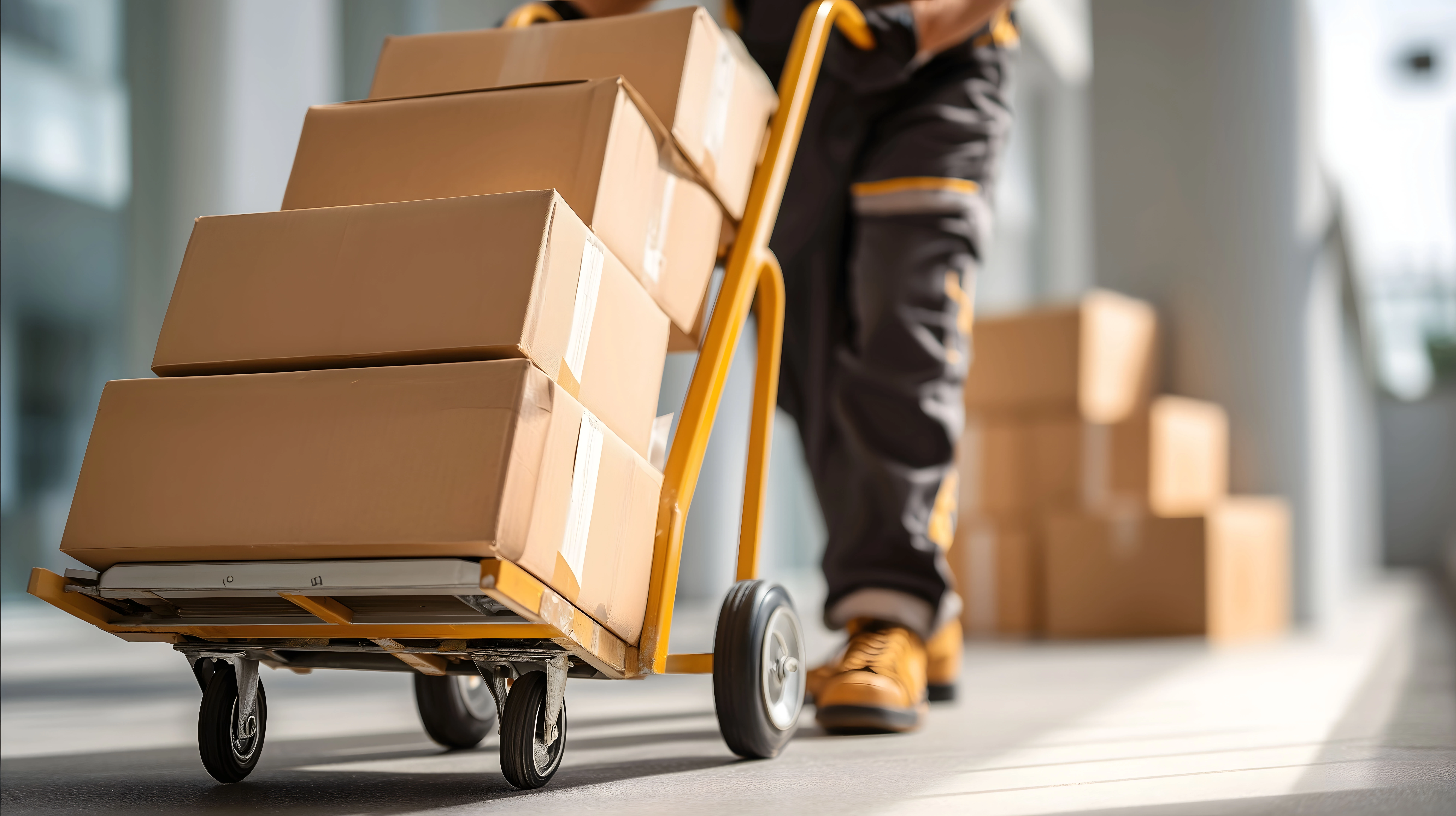A person pushes a yellow hand truck loaded with cardboard boxes, with more boxes stacked in the background in a bright interior setting.