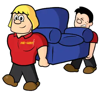 Two cartoon characters, one with blonde hair and the other with dark hair, are carrying a blue couch together.